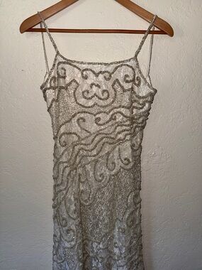 White Vintage Evening Maxi Gown with Silver Beaded Embellishment